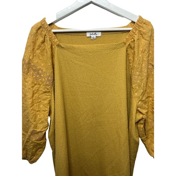 Soleillee Plus Size 2X Yellow Textured Peasant Blouse Puff Sleeve Boho Top - Picture 3 of 13